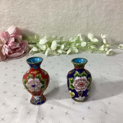 Chinese Cloisonne Enamel Multicoloured Floral Pattern Miniature Vases (x 2)
