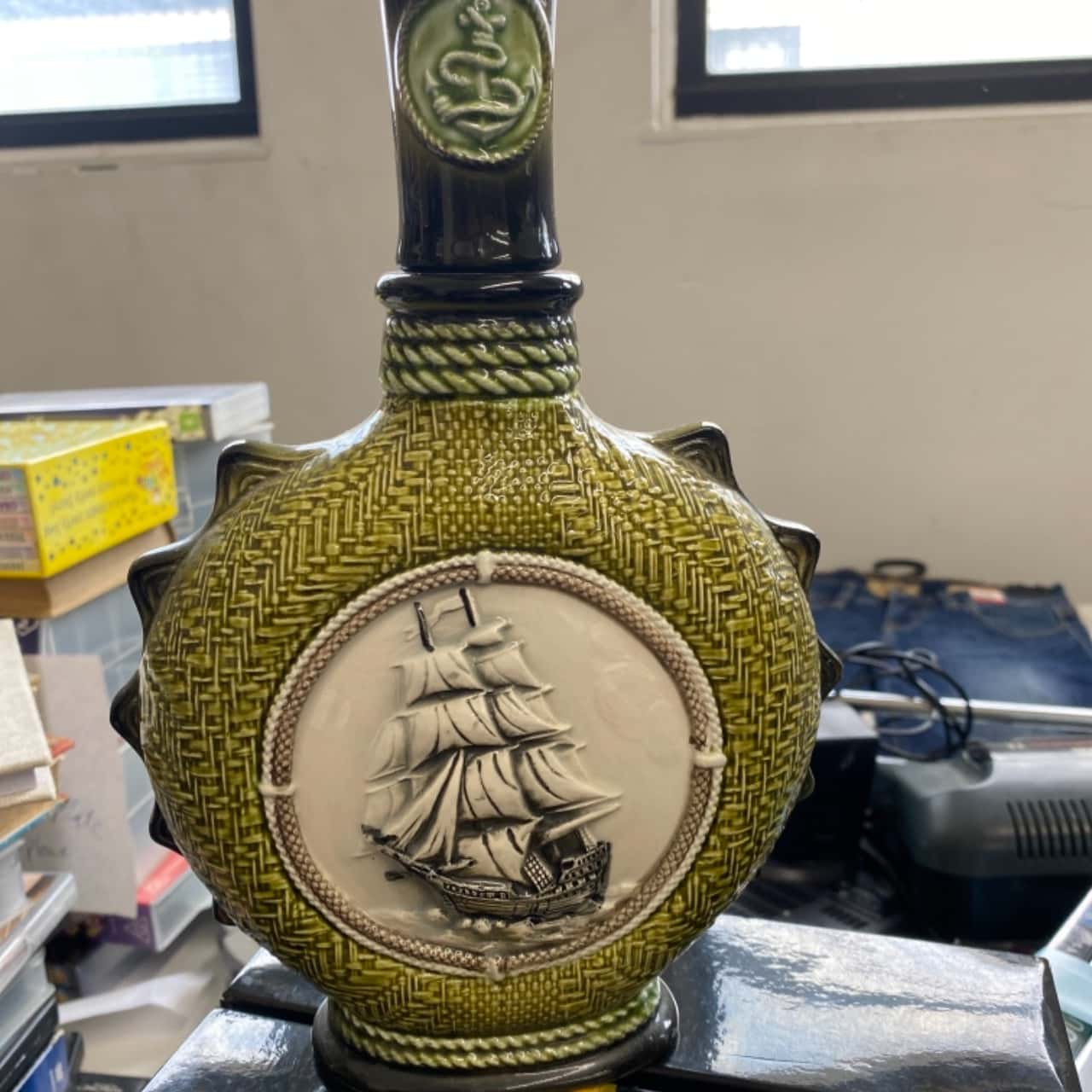 Quirky vintage 1970s port decanter with cork stopper 26 cm H Nautical