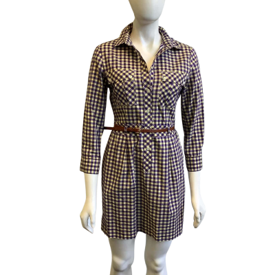 Theory Women's Size 4 3/4 Sleeve Mini Shirt Dress Cream & Purple Check