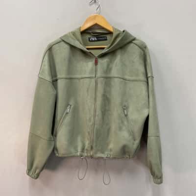 Zara Womens  Size XS faux suede feel Cropped Hooded Jacket Sage Green 