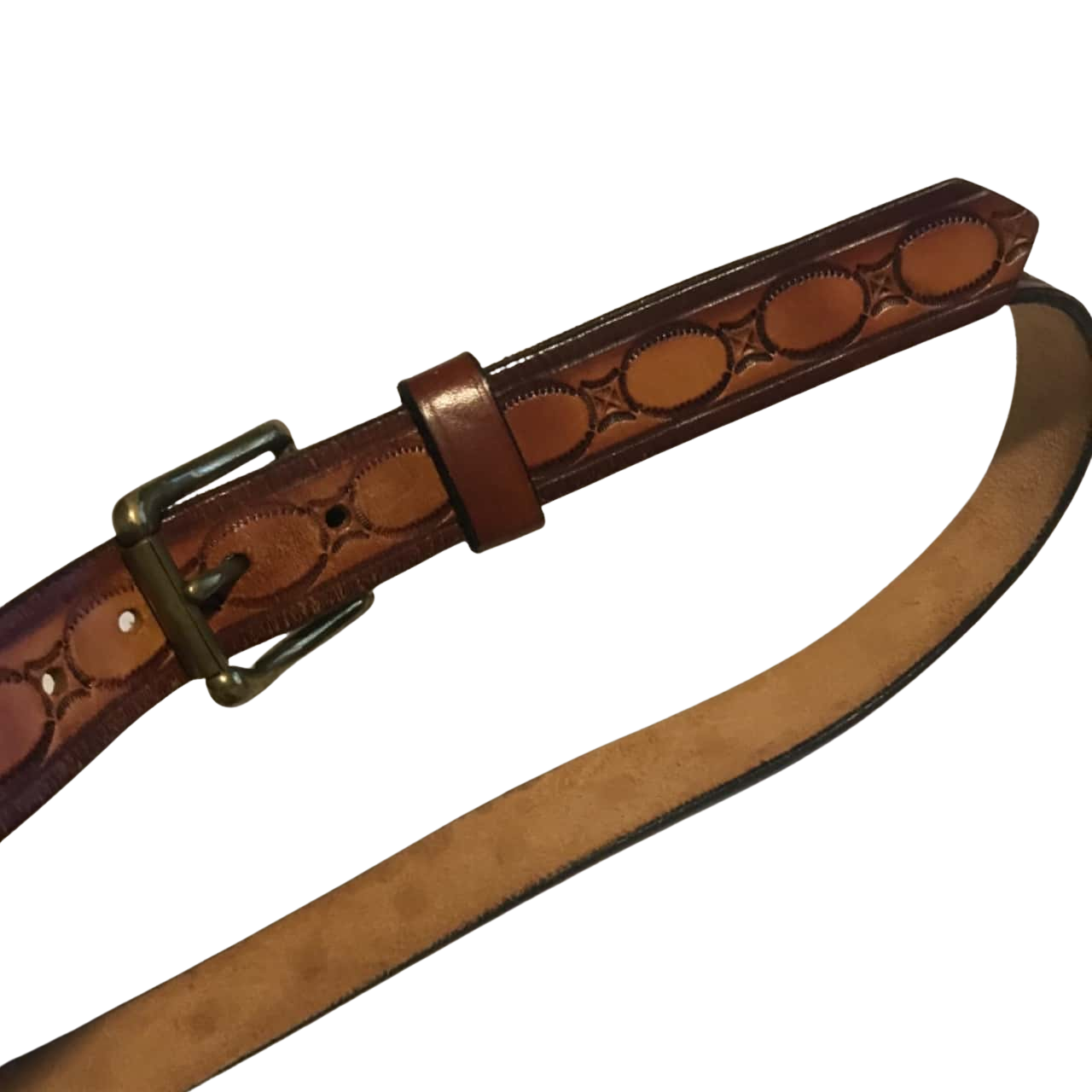 Mens Hand Tooled Leather Belt Size 42 Brown As New1661791(s)