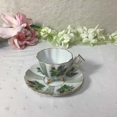 Vintage Hand Painted Pink Rose Pattern Footed Cup and Saucer