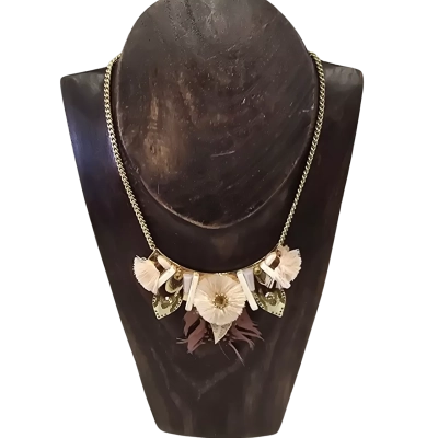  Womens Necklace Bib Style Gold Tone with Dusky Pink Feather, Amber Crystals