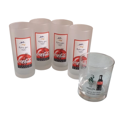 Coca Cola Frosted Dinking Glasses x 4, Coca Cola Glass x 1 