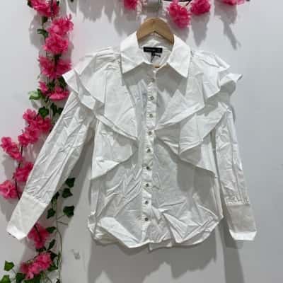 Decjuba Womens Long Sleeve Poppy Ruffle Shirt Size 10 White 