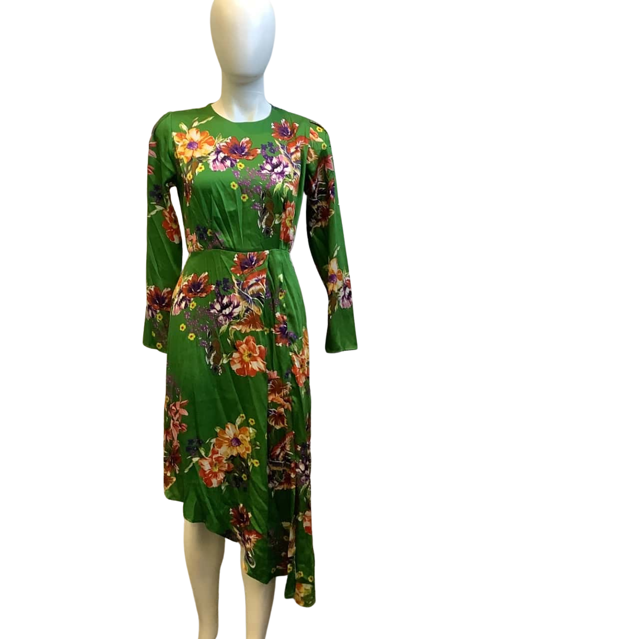 Mango Womens Size S Floral Asymmetrical Midi Dress Green / Multicoloured(s)