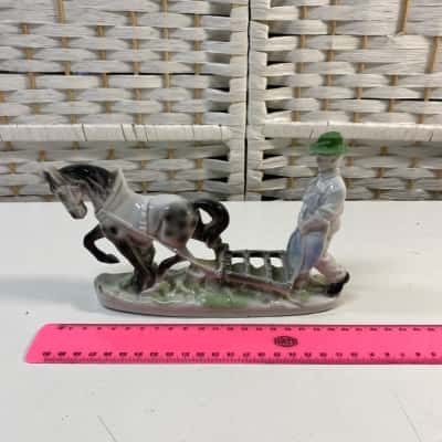 German Porcelain Man Farmer Plow Field Work Horse