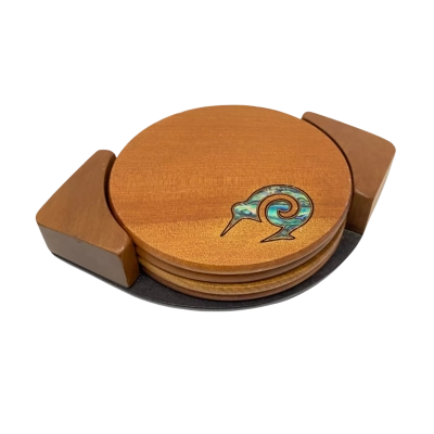 Paua Shell and Wood Kiwi Coaster Set x4 + Base
