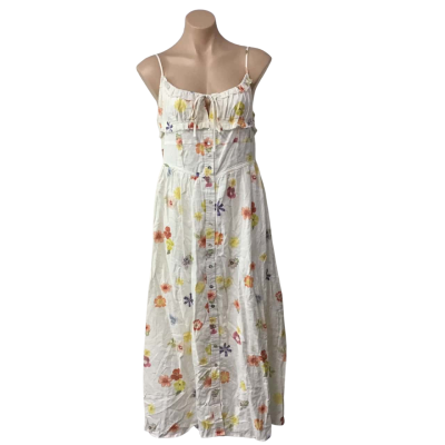 Ghanda Womens Size L Cream / Multicoloured Floral Shoestring Strap Midi Dress (new)