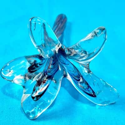 Hand Blown Hand  Stretched Blue Five Petal Lily Flat Lying Bud Vase 