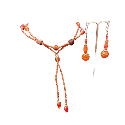 Womens Beaded Earrings/Necklace Set Orange/Red