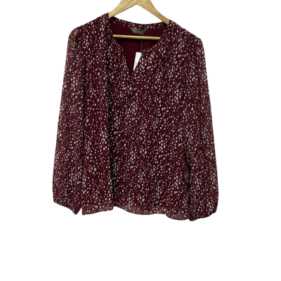 Jacqui-E Womens  Size 16 Long Sleeve Top Maroon / Polka Dot / White 