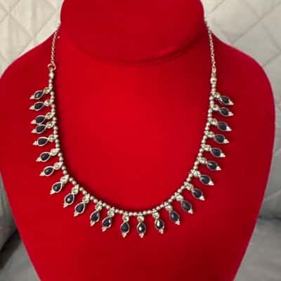  Women's Silver Tone Choker Necklace featuring Dark Blue & Clear Stones
