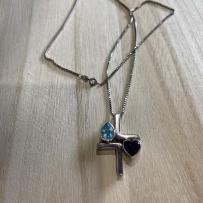  Womens Necklace box style Chain sterling silver pendant set with blue pear cut and purple heart shaped stones.