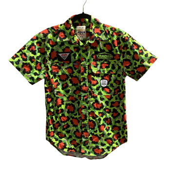  Trademutt Mens  Size S Printed Shirt Tradie Black  / Green / Orange 