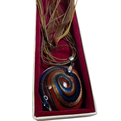  Womens round, handcrafted glass swirl pendant necklace featuring vibrant blue, red, and metallic gold-tone aventurine swirls