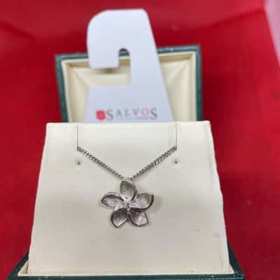  Womens curb link Necklace / flower Pendant 925 Silver 