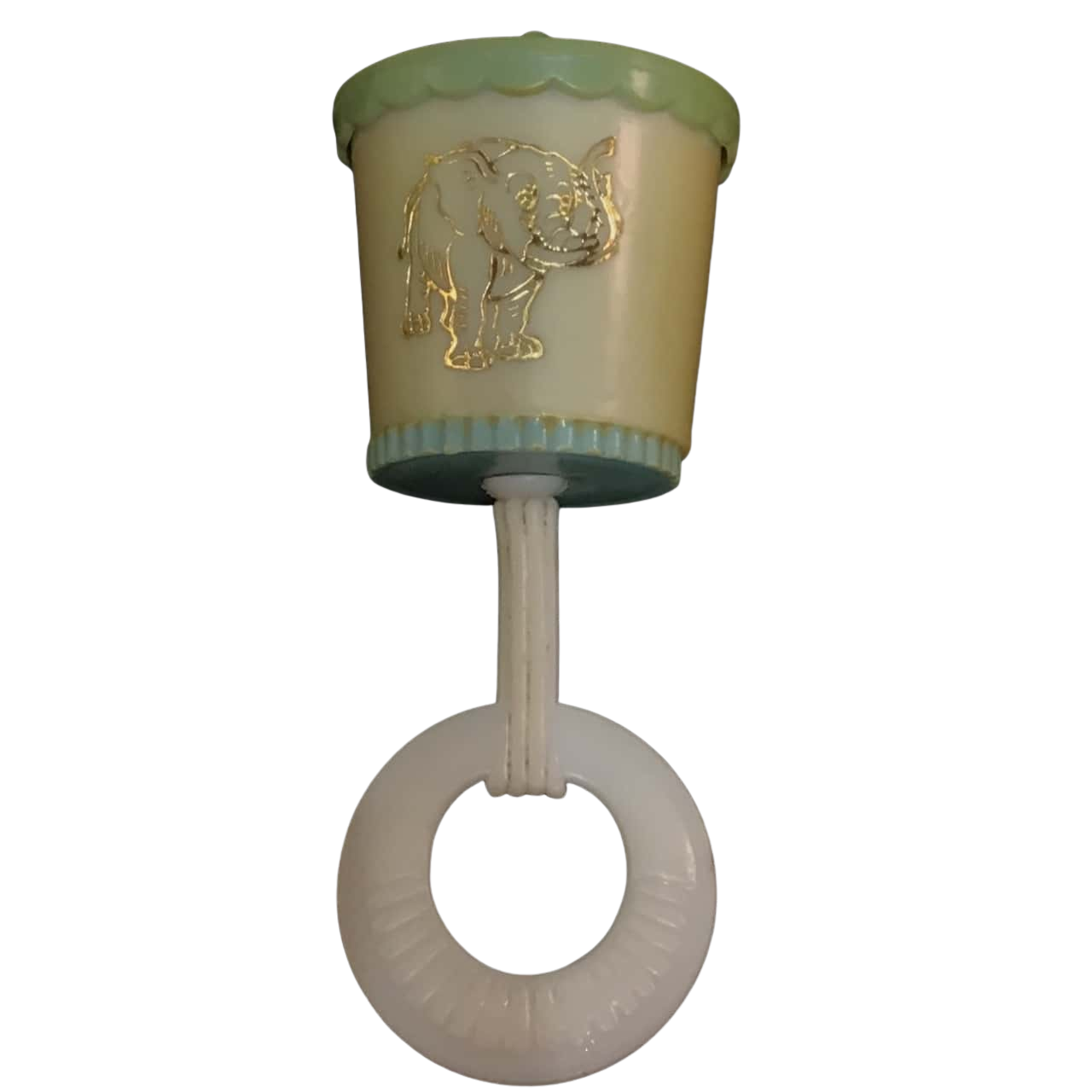 Vintage Baby Rattle Plastic Handled Gold Decorated Elephant