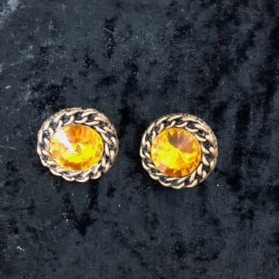  Annie Day Handmade Australia Clip On Earrings Amber Gem Stones - VINTAGE