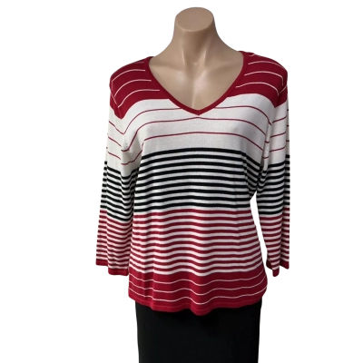 Suzannegrae Womens Size L Red / White / Black Striped V-Neck Jumper