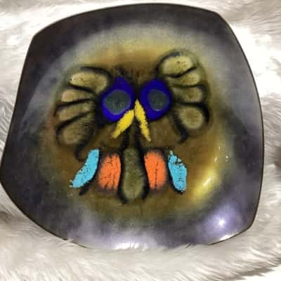 Authentic mid century modern Italian enamel art Owl dish