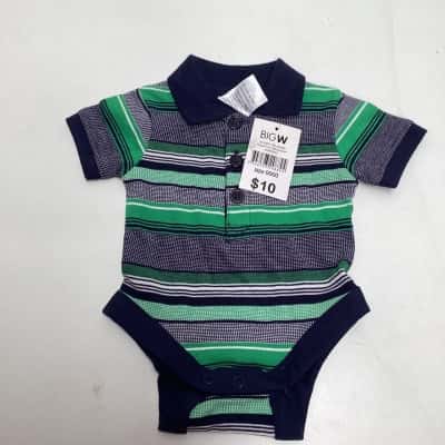  Kids Dimples pique polo bodysuit romper  Size 0000  blue green and white