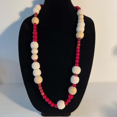 Artisan style Necklace with Red / White beads.