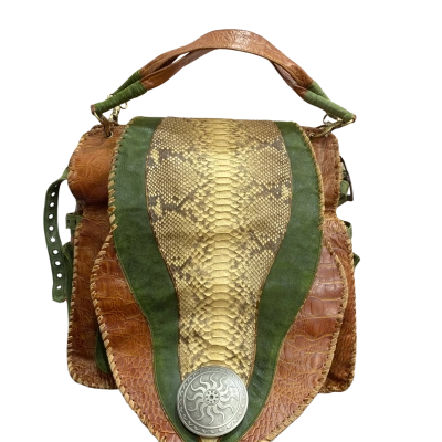 Novi Sudione brown and green leather snakeskin pattern with sun medallion handbag