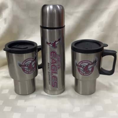 NRL Manly Sea Eagles Travel Mugs X2 and Small Thermos
