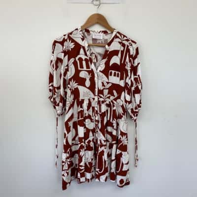IRIS Maxi Dark Red White Pattern Short Sleeve Button Up Mini Dress Size 12 