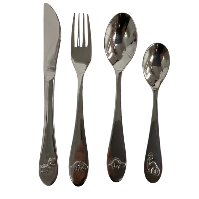 4 Piece Stainless Steel Childrens Cutlery Set with Dinosaur Motif