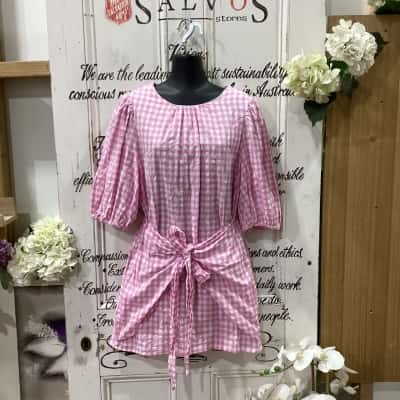 YH & CO BRAND! SHORT BALLOON SLEEVE MINI DRESS W/ FRONT TIE UP DETAIL! Womens  Size 12 / L Mini Dress / Short Sleeve Dress  Checked / Pattern / Pink  / White 