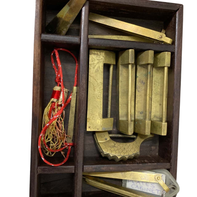 Antique Chinese cabinet locks with keys in 19x14 wooden box