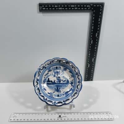 Delft Blue Holland Type Hand Painted Windmill Porcelain Vintage Decorative Bowl 