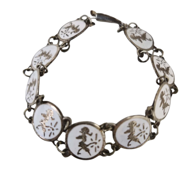  Antique Deco SIAM Silver White Enamel Niello Dancers Link Slim Bracelet 17cm