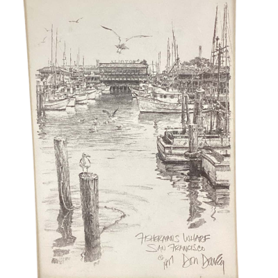 Don Davey Fishermans Wharf Signed Pencil Drawing Print 1977 Sealed