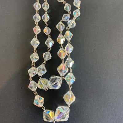 Mid-Century Aurora Borealis Two Strand Crystal Bead Necklace