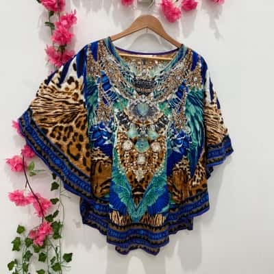 Millers Womens Extended Sleeve Circular Kaftan Size 16 Blue / Brown 