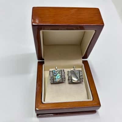 Vintage Unsigned Clear Stones and Abalong Shell Art Clip Earrings / Blue / Grey / Silver Colour 