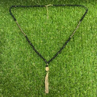  Womens Black and Gold Tone Beaded Necklace with Chain Tassel 