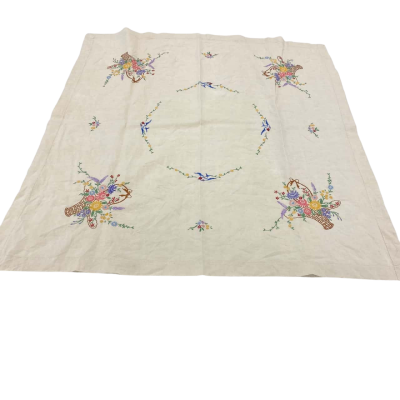Table Topper Vintage Linen Hand Embroidered Floral Baskets and Blue Birds 120 x 110