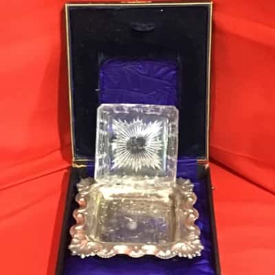Vintage Crystal Trinket Box with Silver Plated Tray