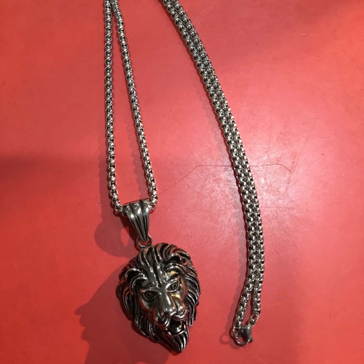 Silver Lion Head Pendant Necklace 60cm long