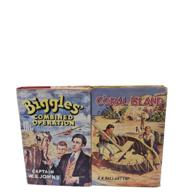 2 x novels the Coral Island and biggles combined operation.