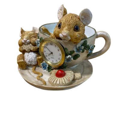 Sweet Charming Pair Curio Mice in a Teacup Quartz Clock Mantel Table Shelf Ornament Stunning Fine Art Decor 