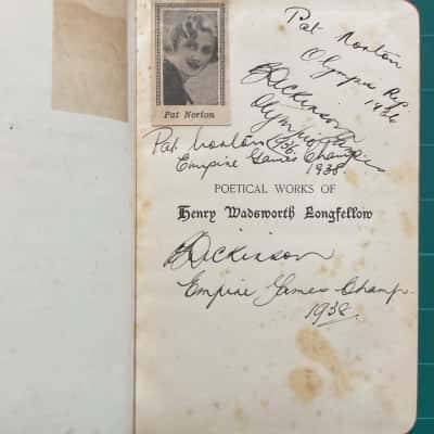 The Works Of Longfellow Antique Leather Hardback with Signatures Of Australian Olympians Pat Norton and Basil Dickinson at Berlin 1936 Olympic Games and 1938 Empire Games