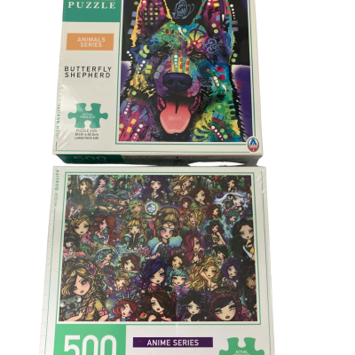 2x 500 piece puzzles, Animae series- dog girl collage, and Butterfy Shepherd dog