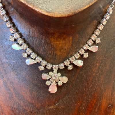 1950s mother-of-pearl Diamante statement collar necklace featuring Clear rhinestone and white mother-of-pearl teardrop setting in Silvertone metal 