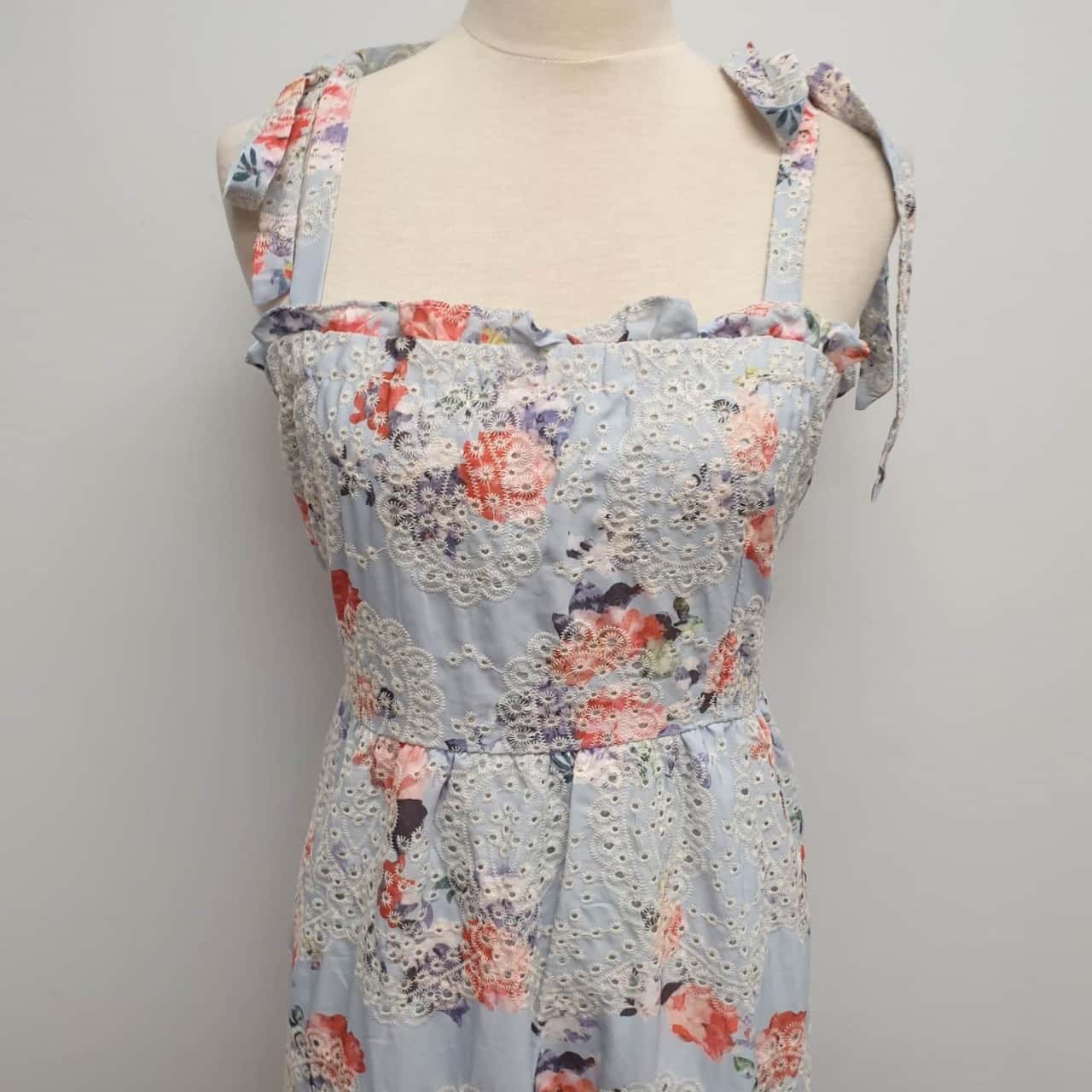 sachin and babi light blue dress Dahlia & Sun Gorgeous Pretty Soft Pale Blue & Pink With Cream Embroidered  Over Flowers/ Floral /Shirred Bodice /Tie Shoulder Straps/ Maxi Dress Size  L