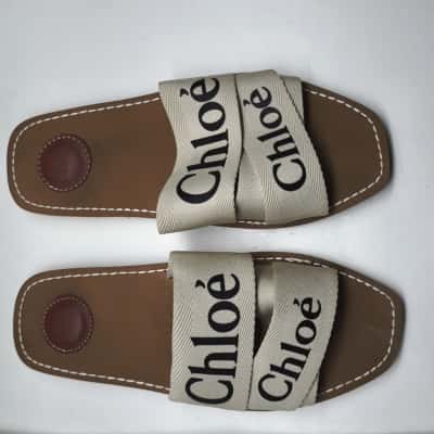 Woody Flat Canvas Logo Slide Sandals Beige Size 40 with Box